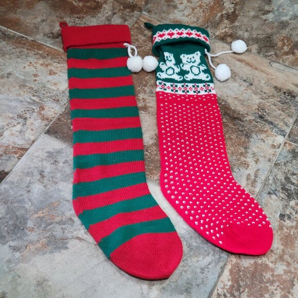 Knitted Christmas Stockings Teddy Bears Hearts Striped Pattern Set of 2 Large S - Picture 2 of 9